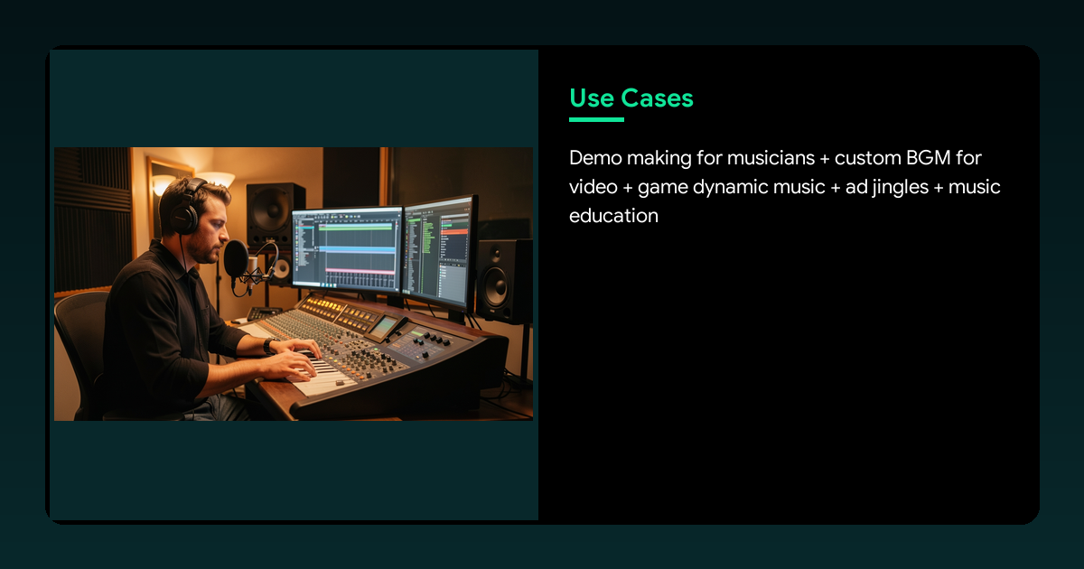 ภาพ: กรณีใช้งาน MiniMax Music 3.0 — นักดนตรี วิดีโอ เกม โฆษณา การศึกษา (ภาพประกอบโทน Yadeep)